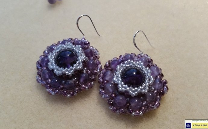 Amethyst Bead Embroidered Earrings, Unique Handmade Beaded Jewelry